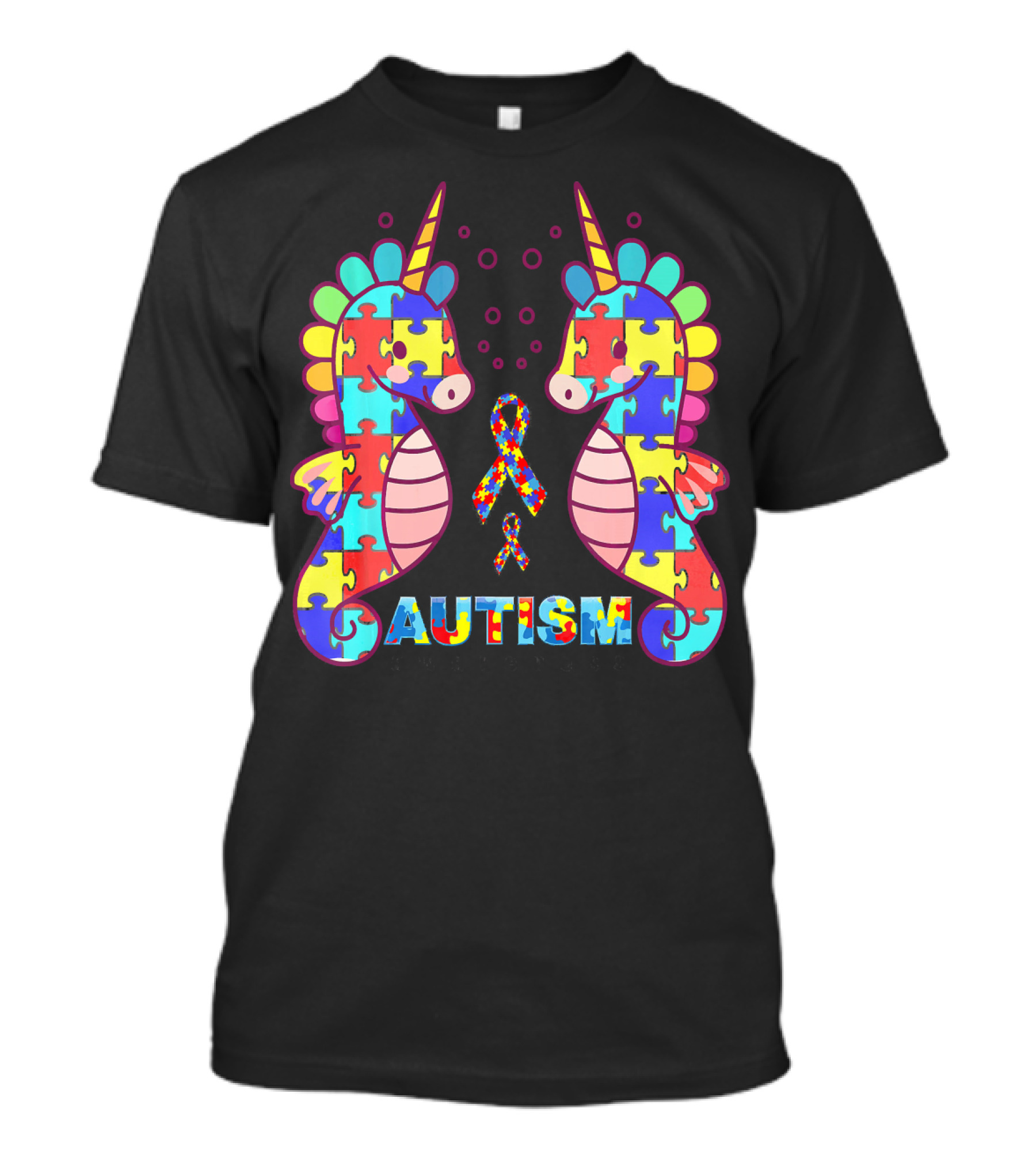 Autism Seahorse Puzzle Ribbon Cute Unicorn T-Shirt