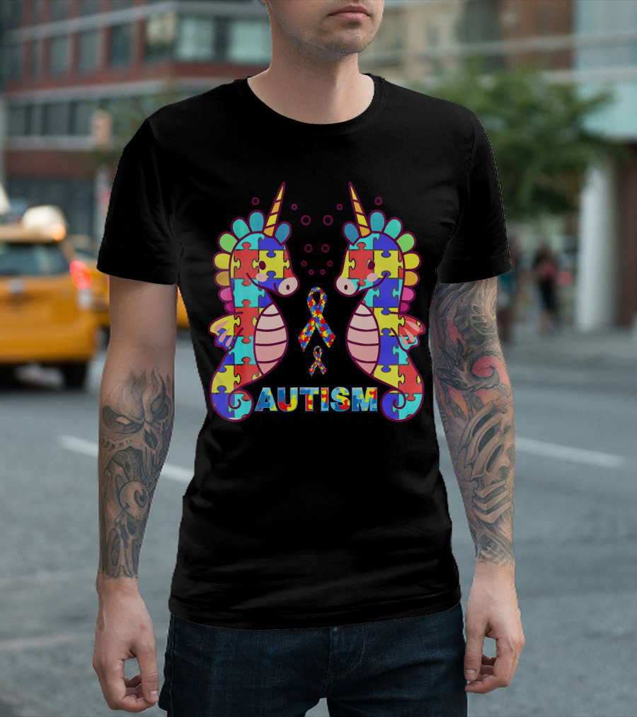 Autism Seahorse Puzzle Ribbon Cute Unicorn T-Shirt