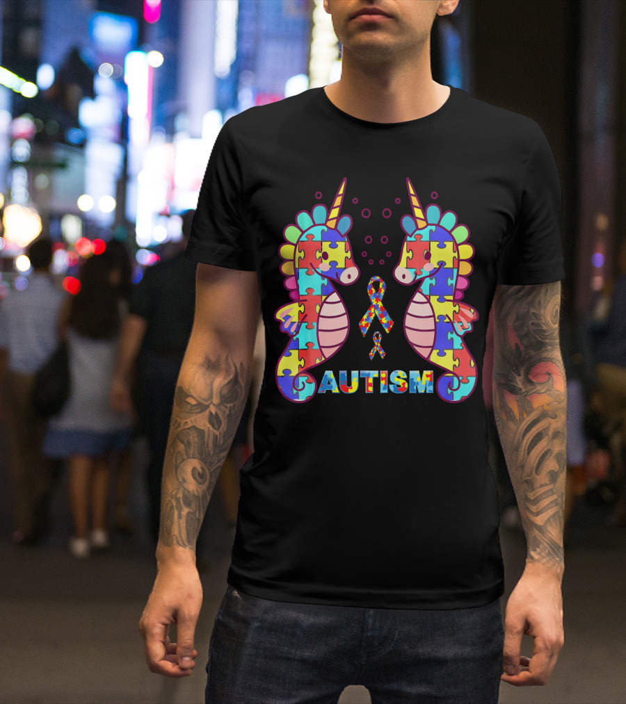 Autism Seahorse Puzzle Ribbon Cute Unicorn T-Shirt
