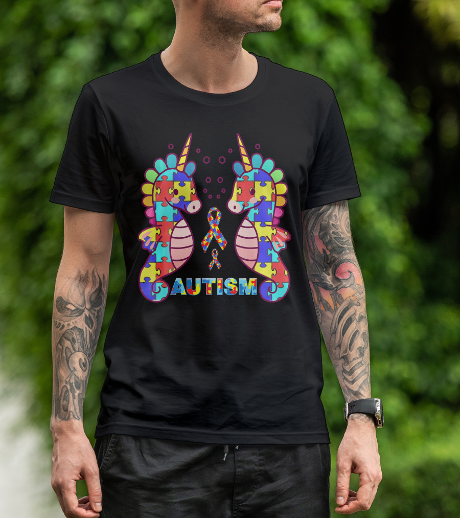 Autism Seahorse Puzzle Ribbon Cute Unicorn T-Shirt