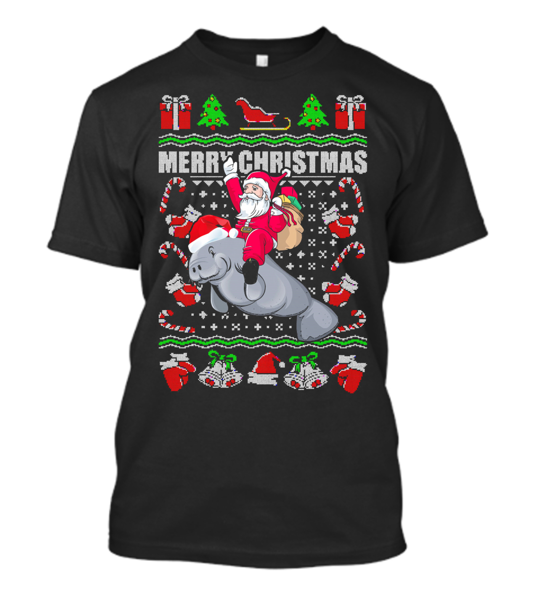 Funny Santa Riding Manatee Ugly Christmas Sweater Merry Christmas T-Shirt