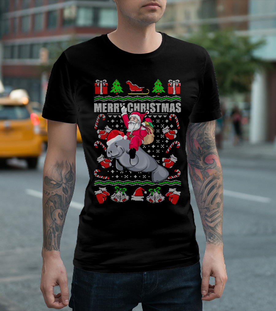 Funny Santa Riding Manatee Ugly Christmas Sweater Merry Christmas T-Shirt