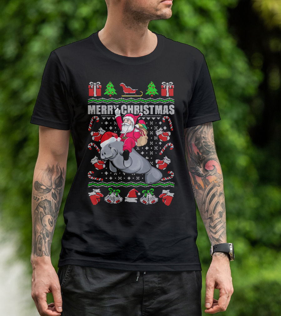 Funny Santa Riding Manatee Ugly Christmas Sweater Merry Christmas T-Shirt