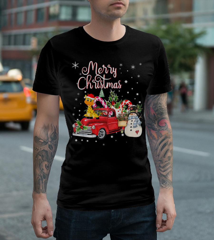 Merry Christmas Giraffe in Red Truck with Candy Canes and Snowman T-Shirt