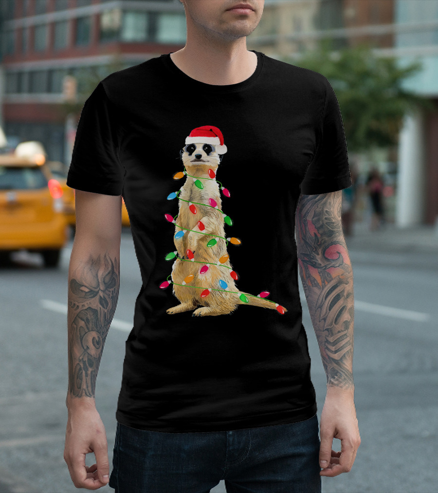 Meerkat Wrapped In Christmas Lights With Santa Hat T-Shirt