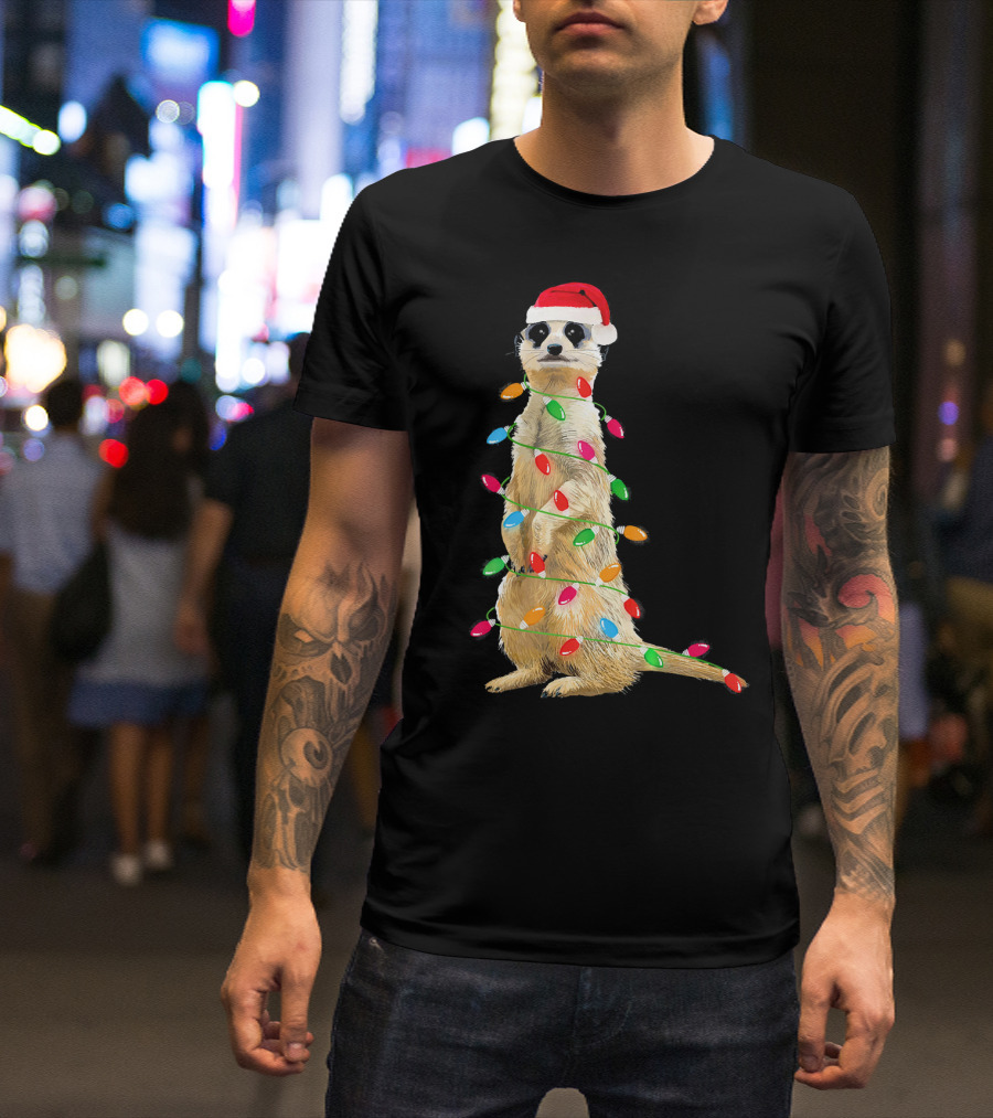 Meerkat Wrapped In Christmas Lights With Santa Hat T-Shirt