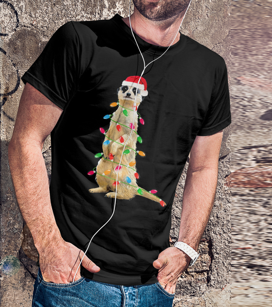 Meerkat Wrapped In Christmas Lights With Santa Hat T-Shirt