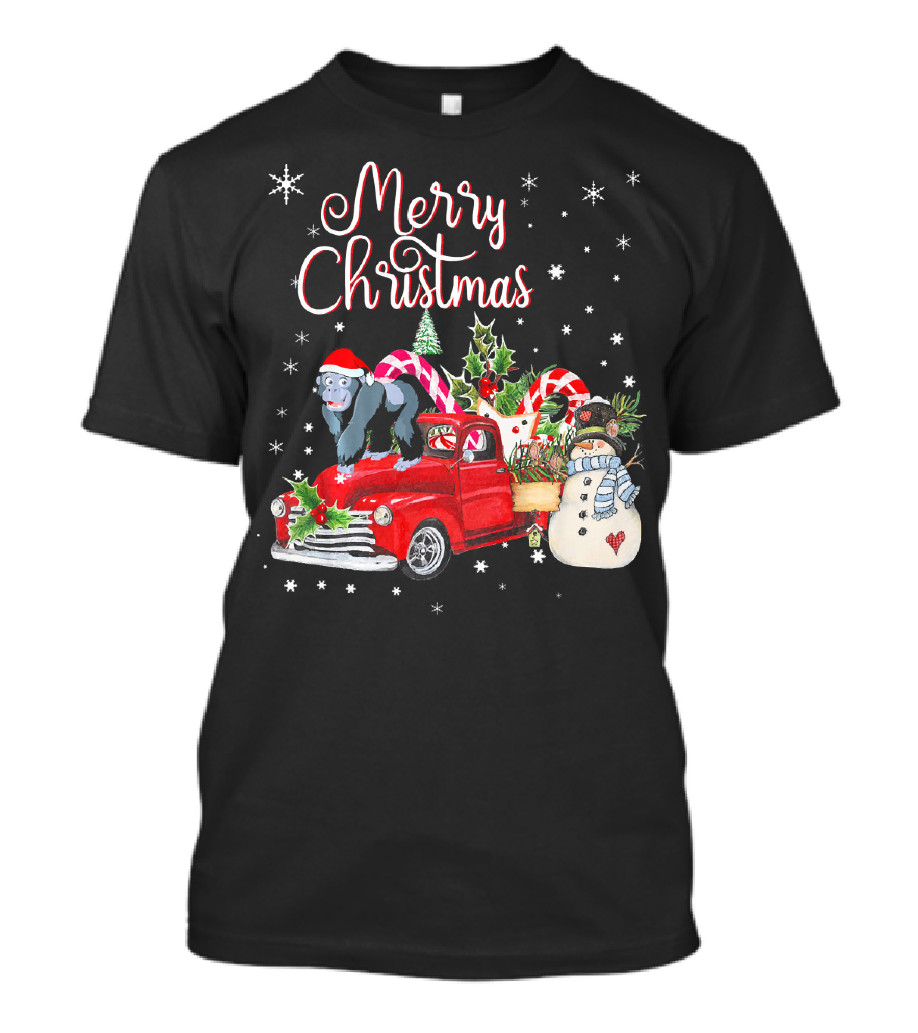 Merry Christmas Gorilla In Santa Hat Riding Festive Red Truck With Snowman T-Shirt