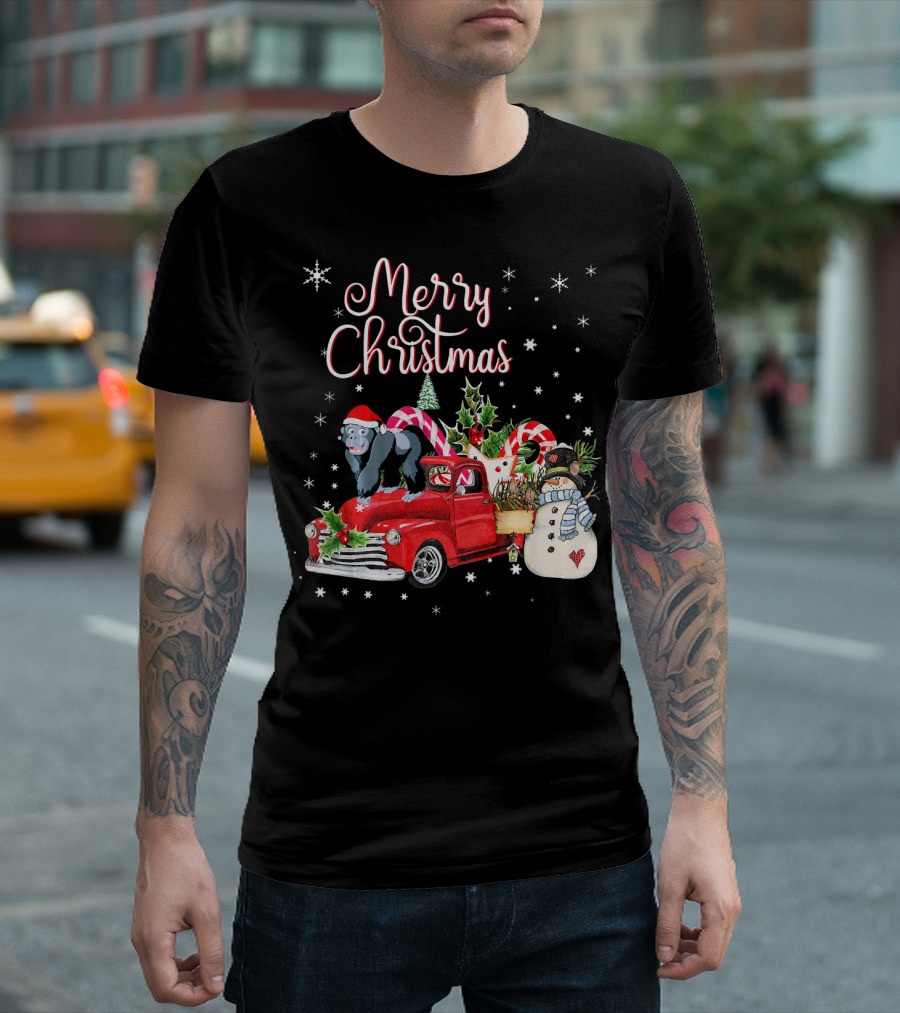 Merry Christmas Gorilla In Santa Hat Riding Festive Red Truck With Snowman T-Shirt