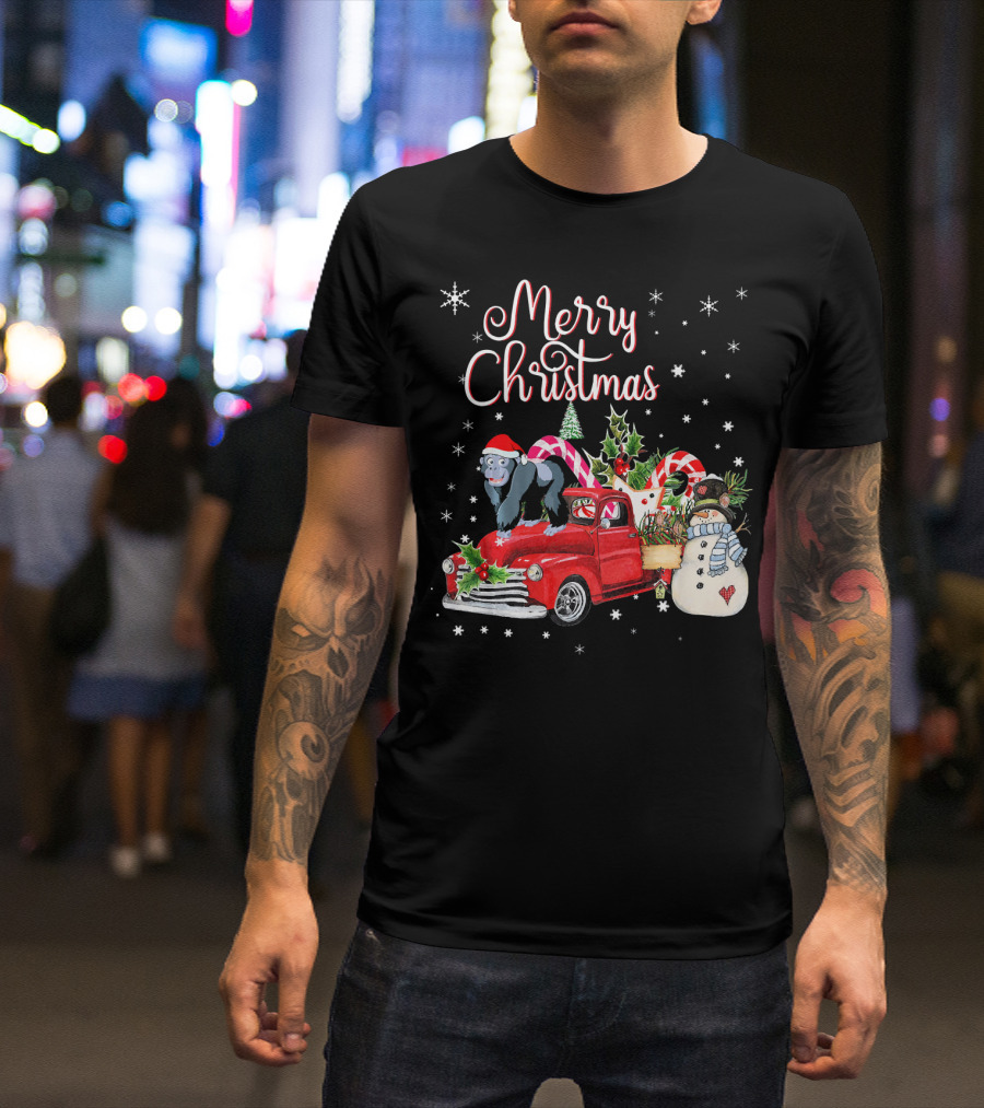 Merry Christmas Gorilla In Santa Hat Riding Festive Red Truck With Snowman T-Shirt