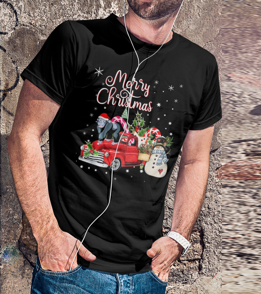Merry Christmas Gorilla In Santa Hat Riding Festive Red Truck With Snowman T-Shirt