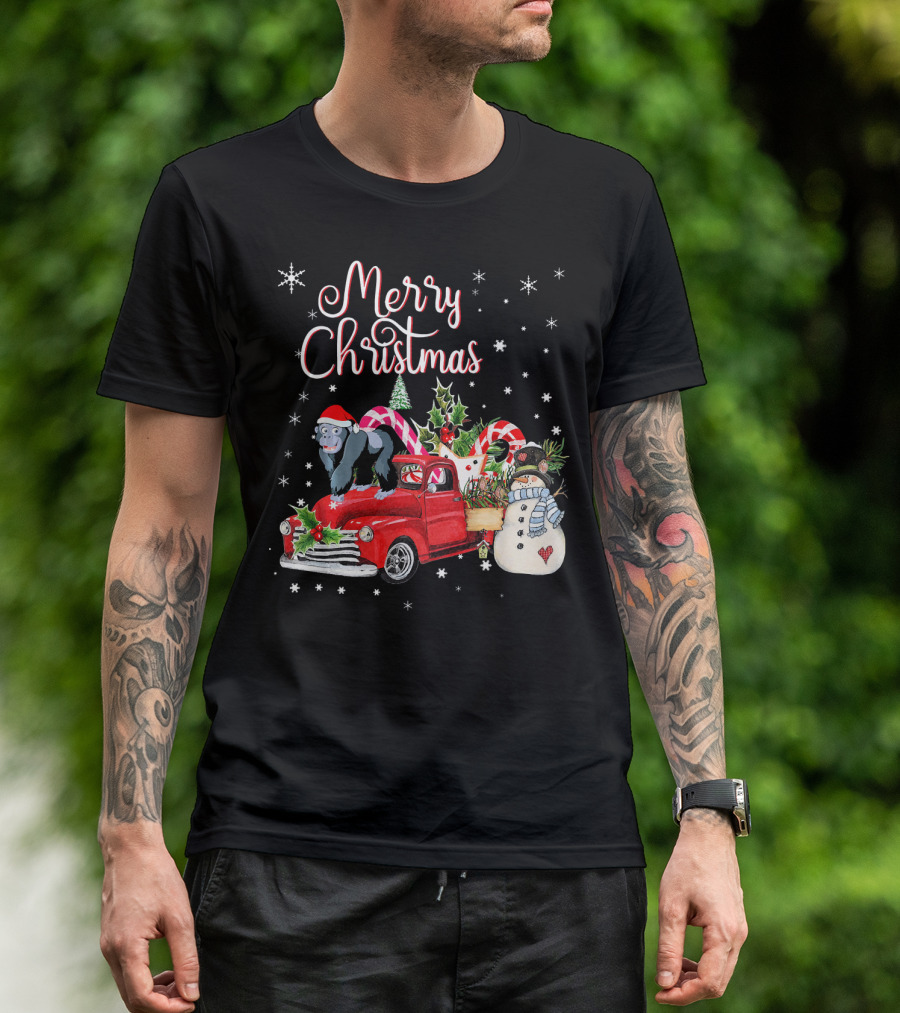 Merry Christmas Gorilla In Santa Hat Riding Festive Red Truck With Snowman T-Shirt