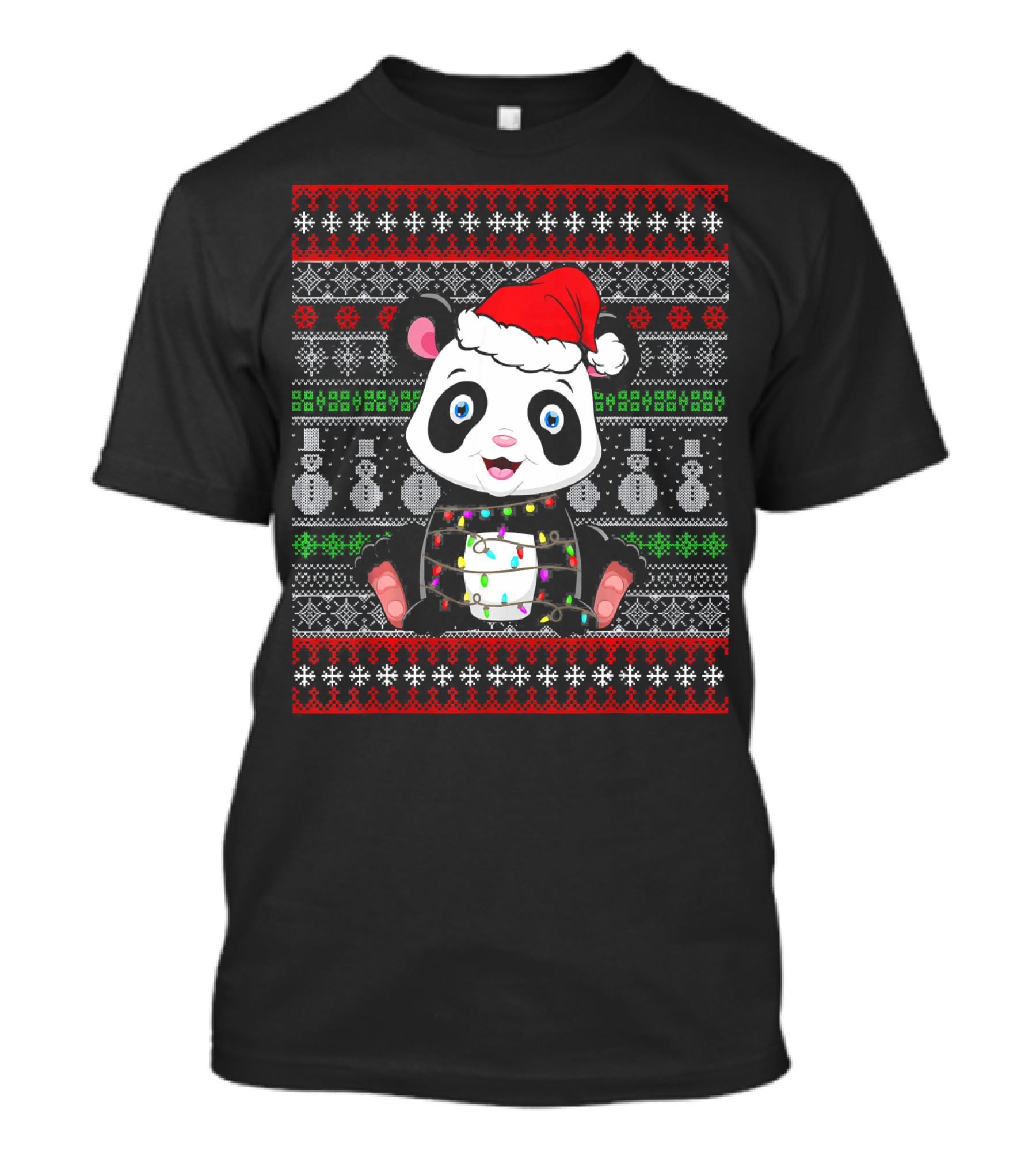 Panda Bear With Santa Hat And Christmas Lights Snowman T-Shirt