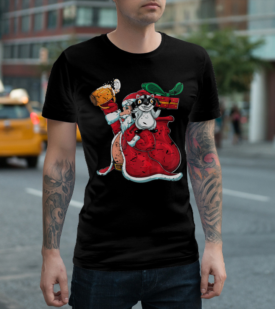 Drunken Santa Claus Trash Panda with Beer and Gift Sack T-Shirt