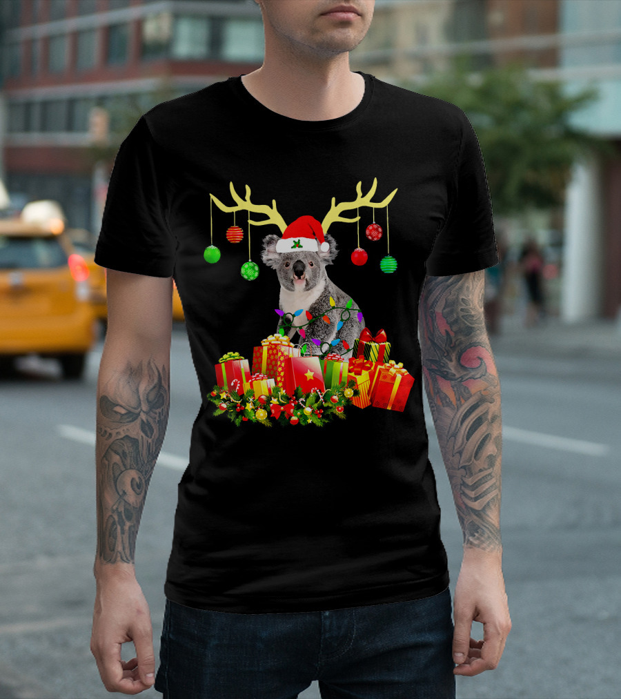 Santa Koala Bear with Antlers and Holiday Gifts T-Shirt