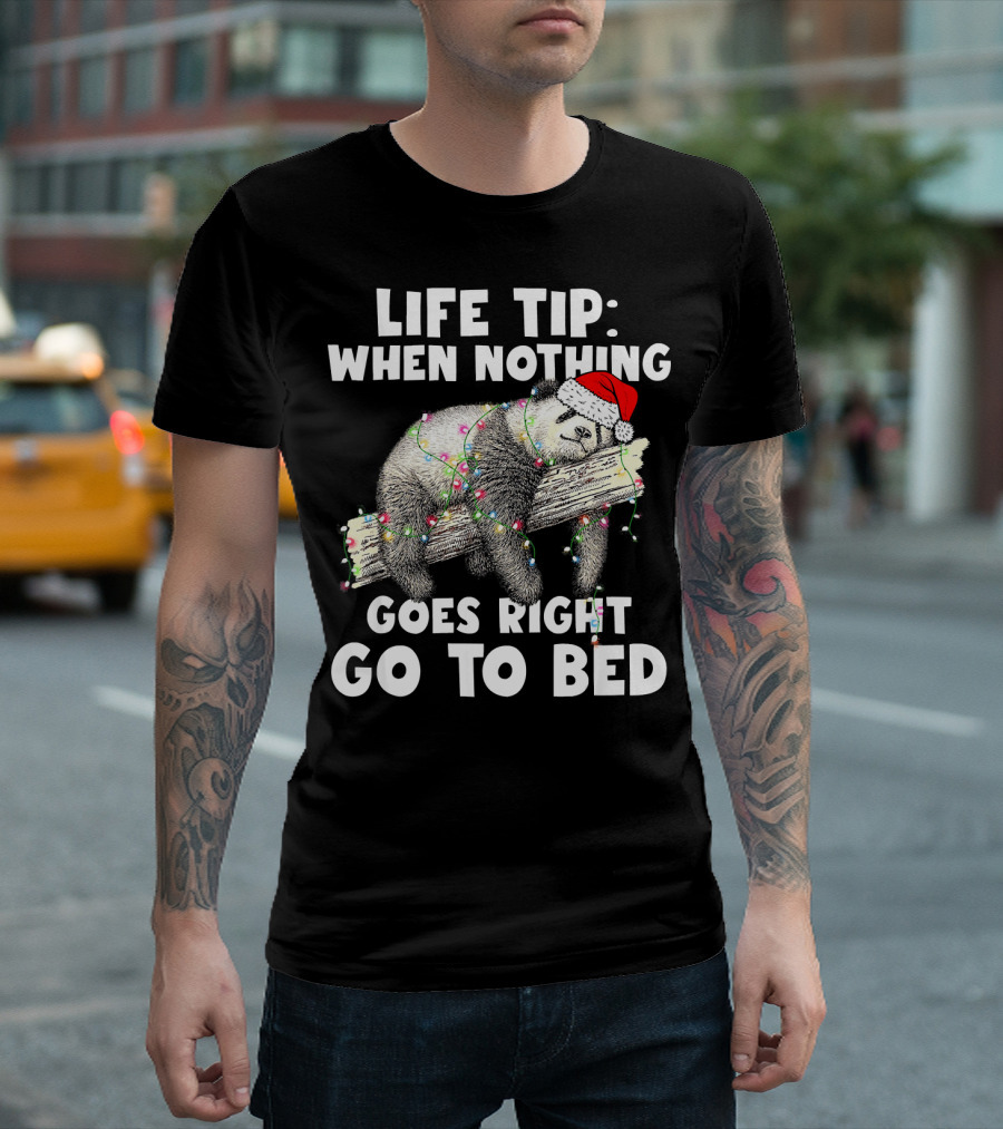 Life Tip When Nothing Goes Right Go to Bed Funny Panda in Christmas Lights T-Shirt