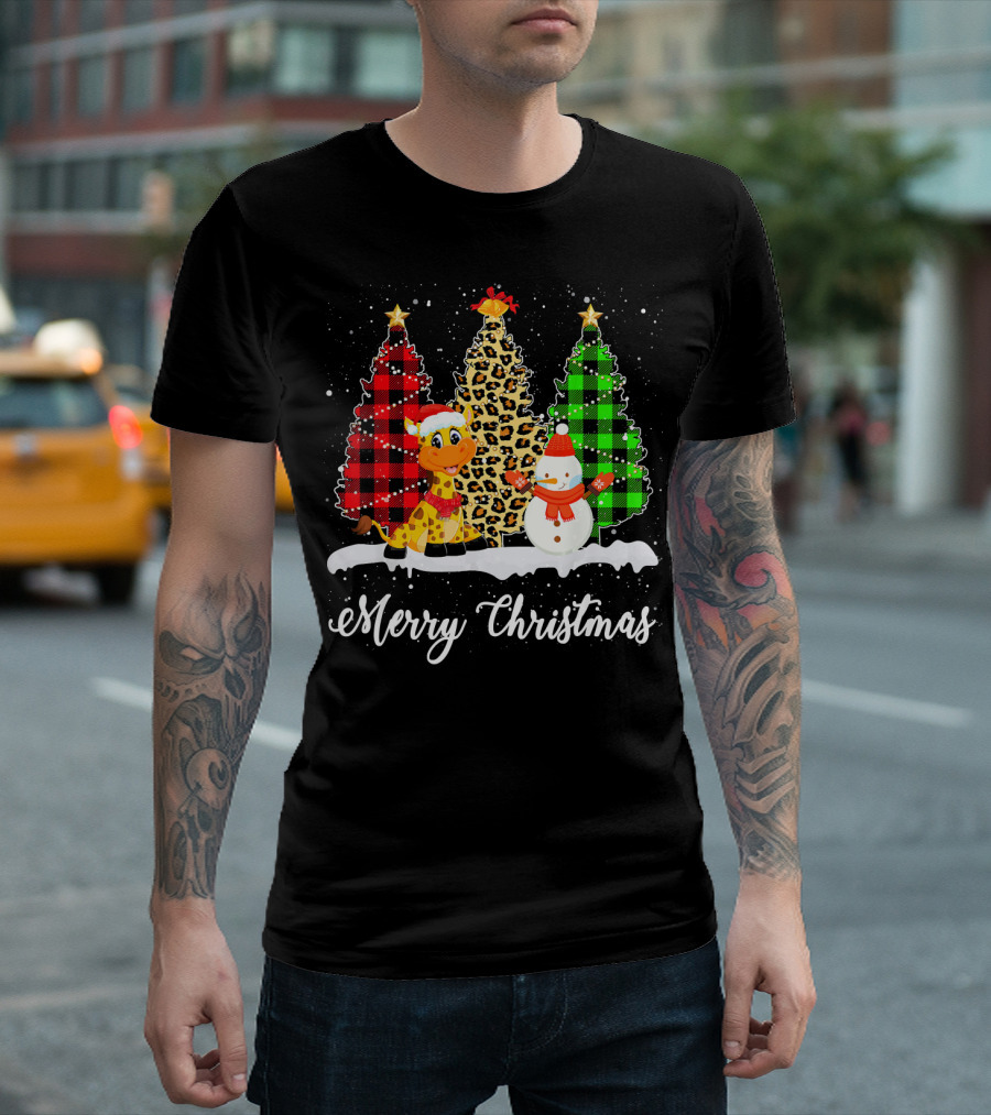 Merry Christmas Funny Giraffe Leopard Buffalo Plaid Trees T-Shirt