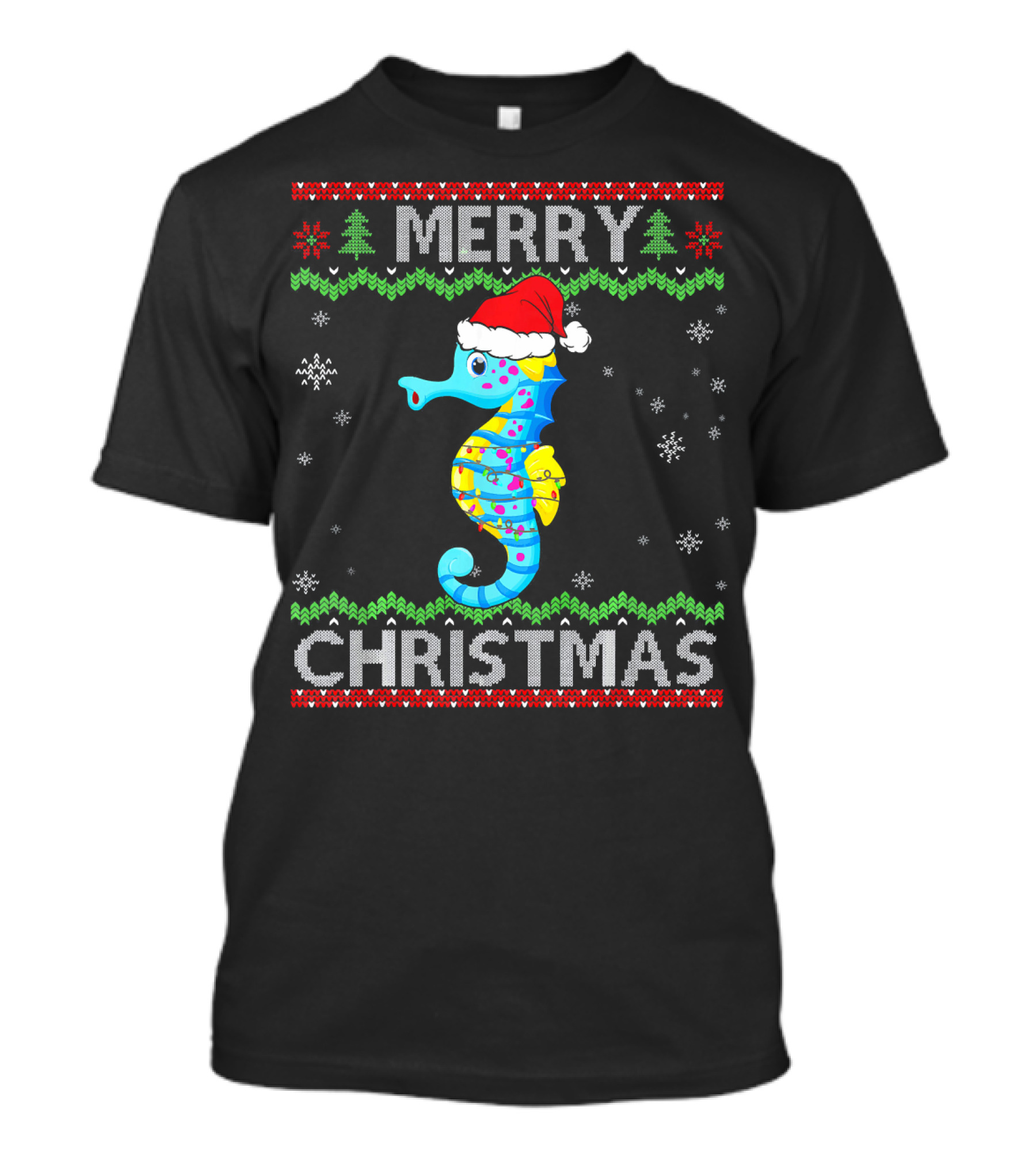 Merry Christmas Funny Seahorse With Santa Hat And Lights T-Shirt