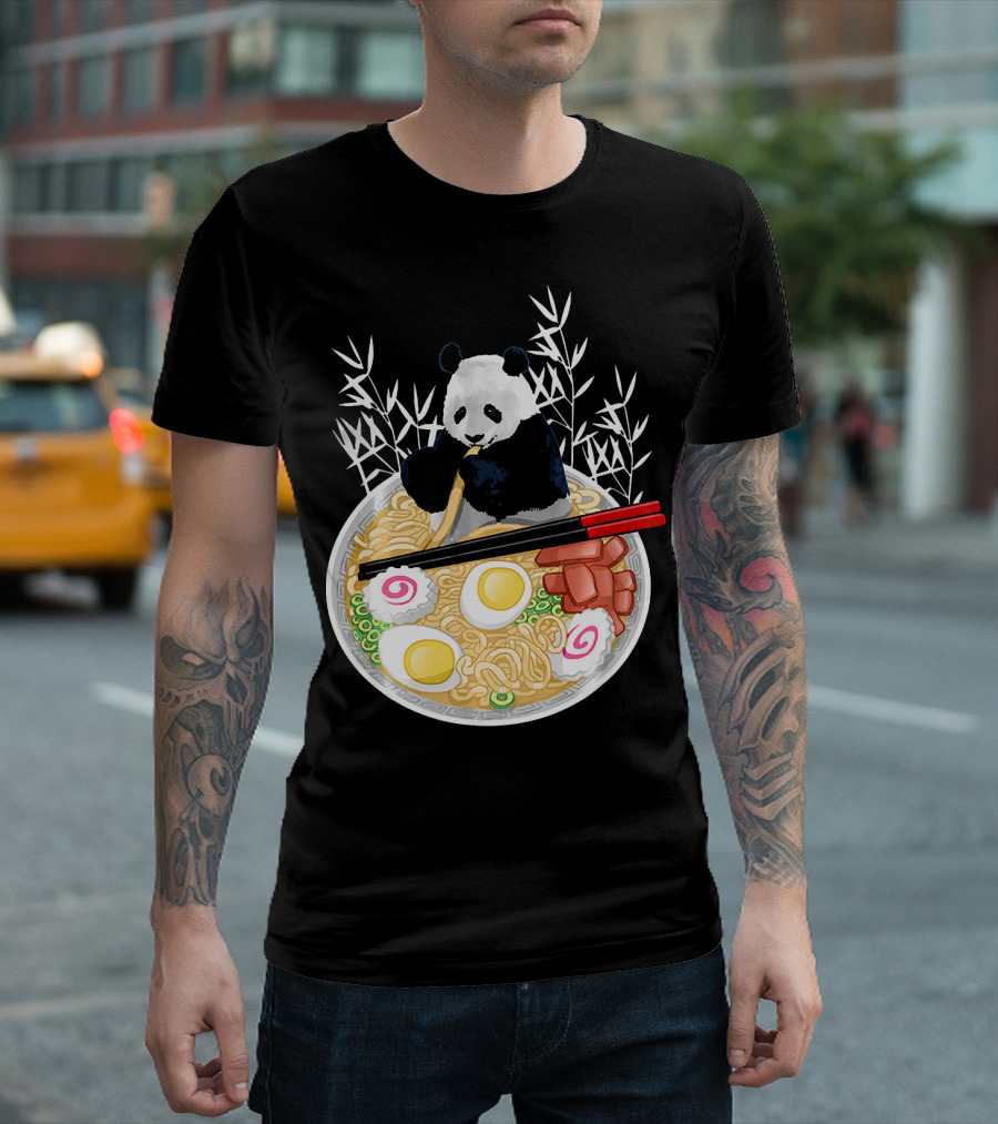 Cute Panda Enjoying Ramen Bowl with Eggs and Bamboo Background T-Shirt