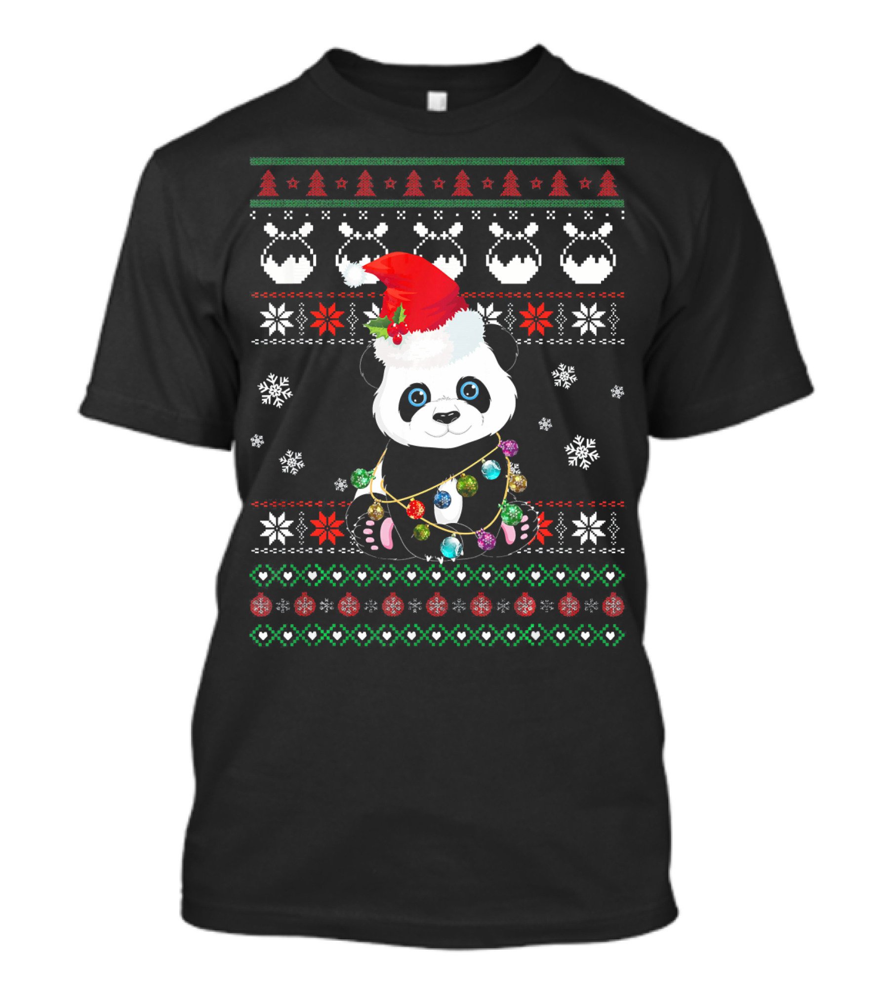 Cute Panda Santa Hat Christmas Lights T-Shirt