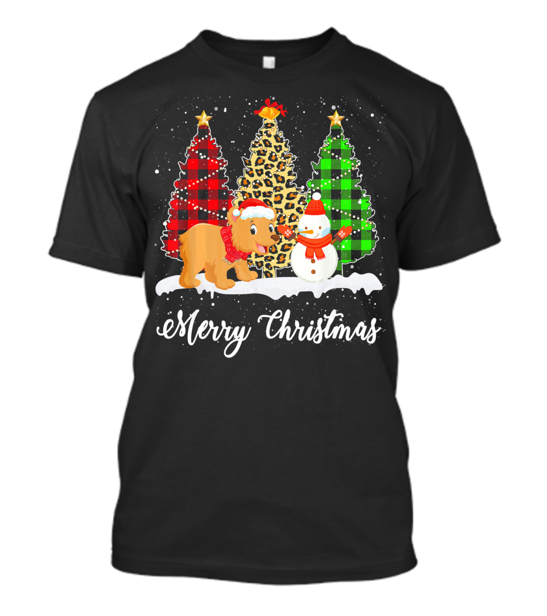 Merry Christmas Funny Bear With Snowman And Leopard Buffalo Plaid Trees T-Shirt