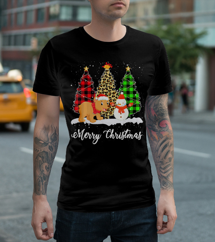 Merry Christmas Funny Bear With Snowman And Leopard Buffalo Plaid Trees T-Shirt