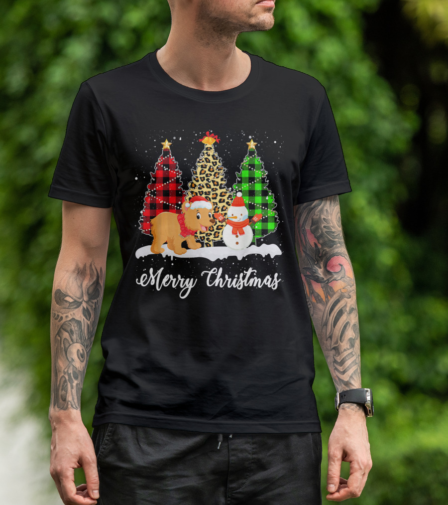 Merry Christmas Funny Bear With Snowman And Leopard Buffalo Plaid Trees T-Shirt