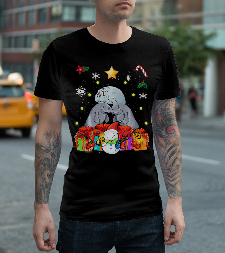 Festive Manatee Christmas With Star And Snowman Gifts T-Shirt