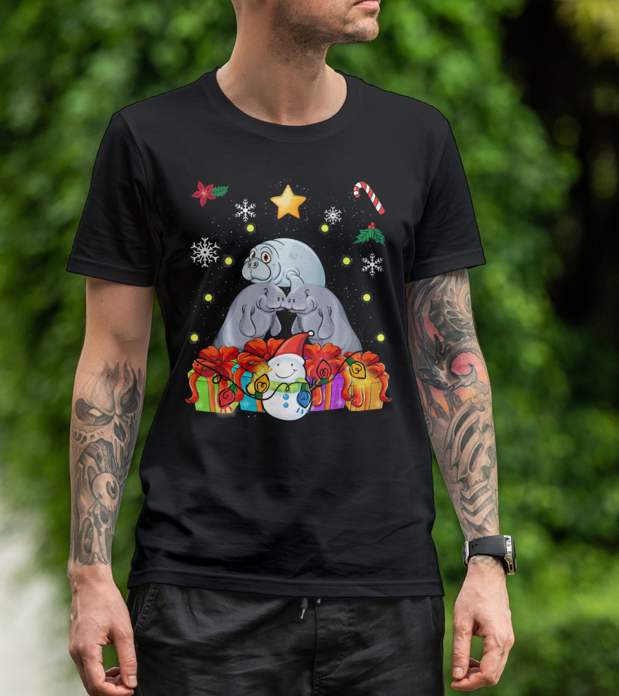Festive Manatee Christmas With Star And Snowman Gifts T-Shirt
