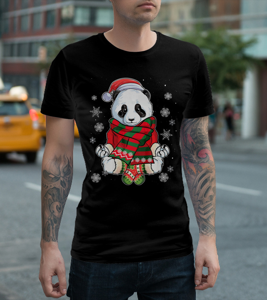 Funny Panda Christmas Yoga Meditation with Santa Hat and Scarf T-Shirt