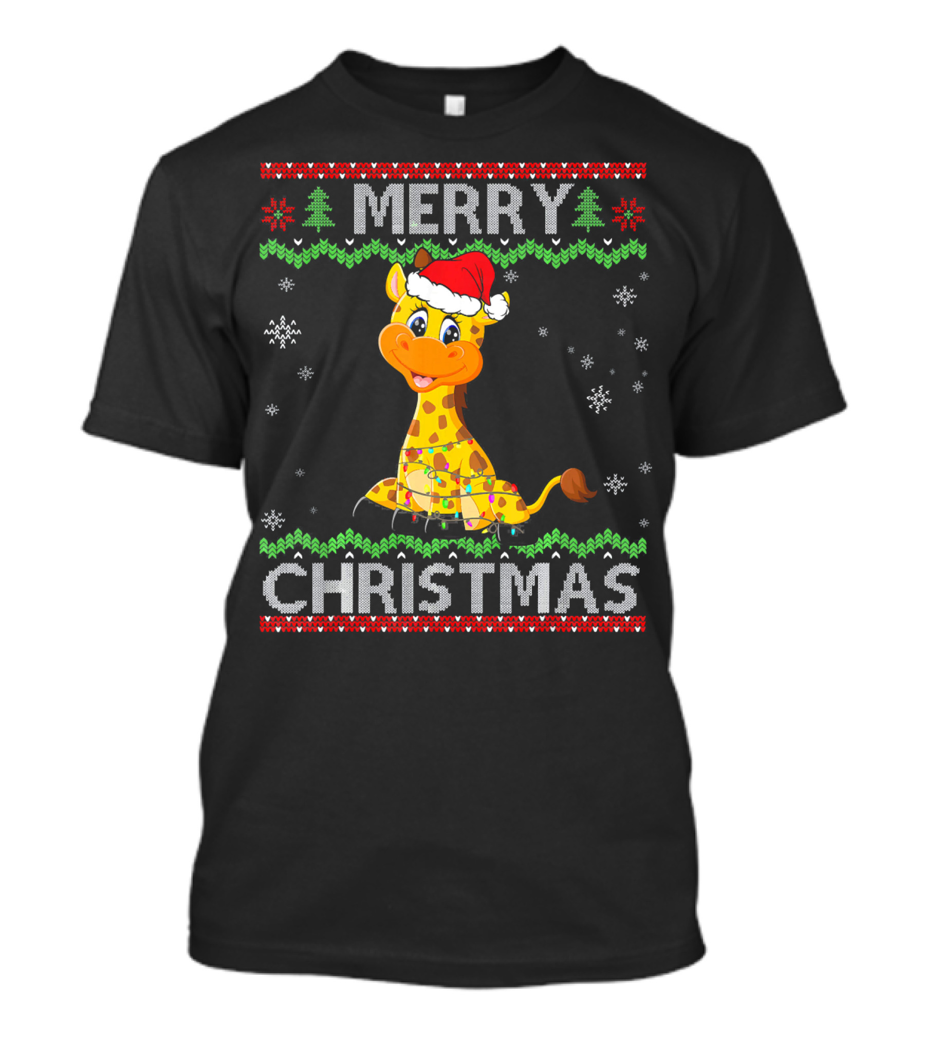 Merry Christmas Funny Giraffe With Santa Hat And Christmas Lights T-Shirt