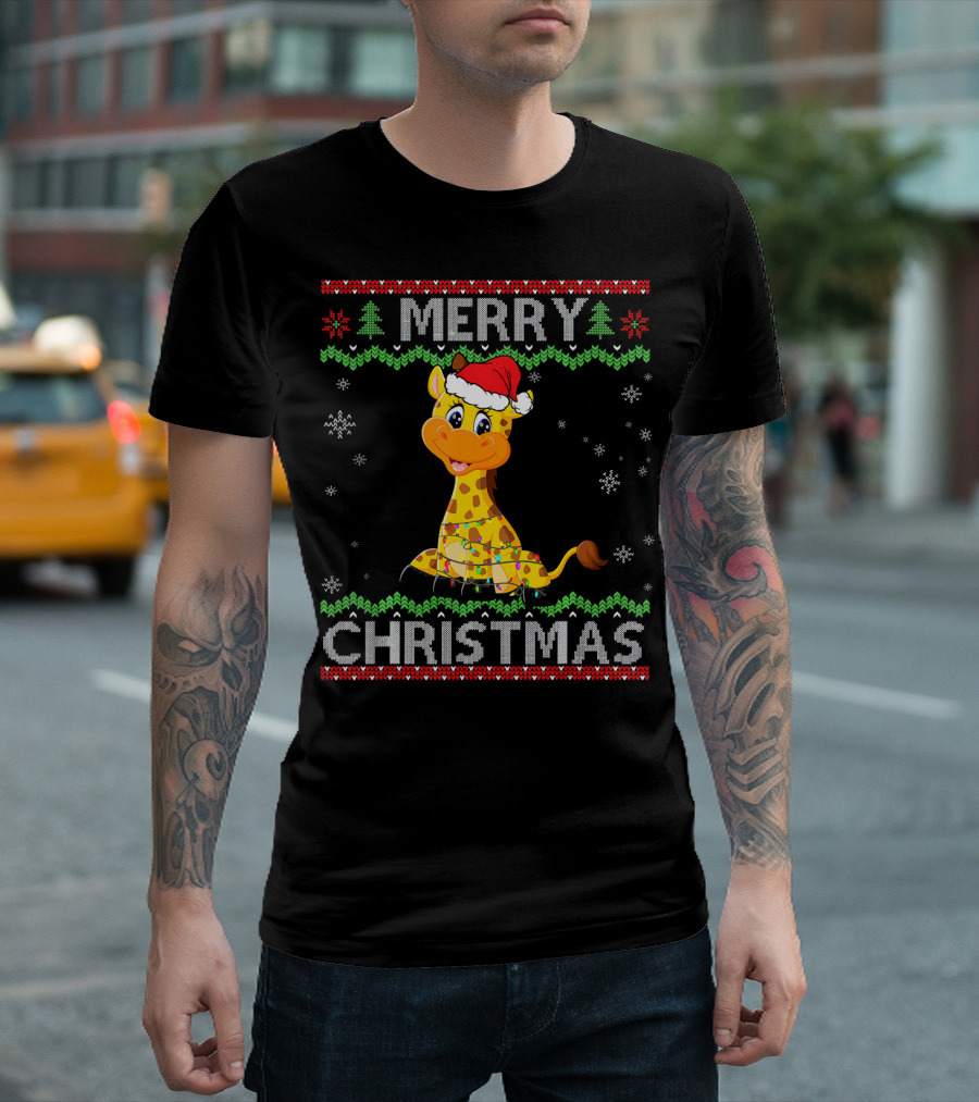 Merry Christmas Funny Giraffe With Santa Hat And Christmas Lights T-Shirt