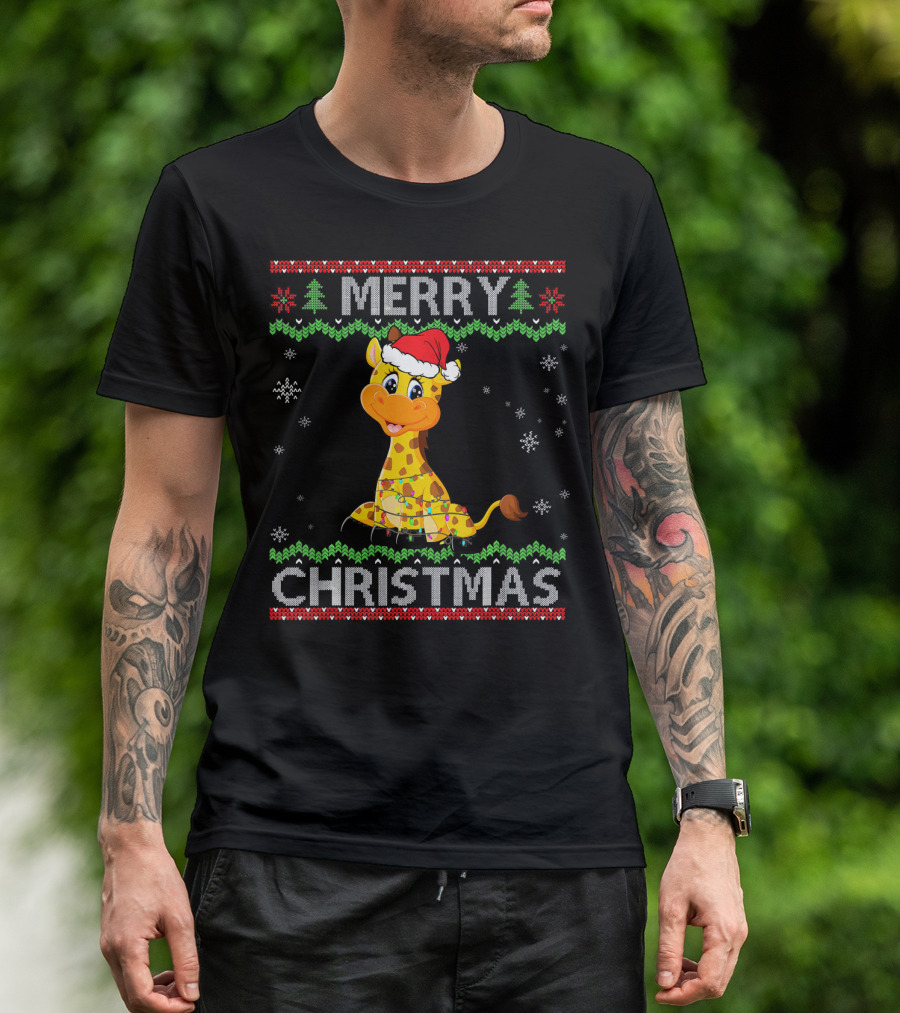 Merry Christmas Funny Giraffe With Santa Hat And Christmas Lights T-Shirt