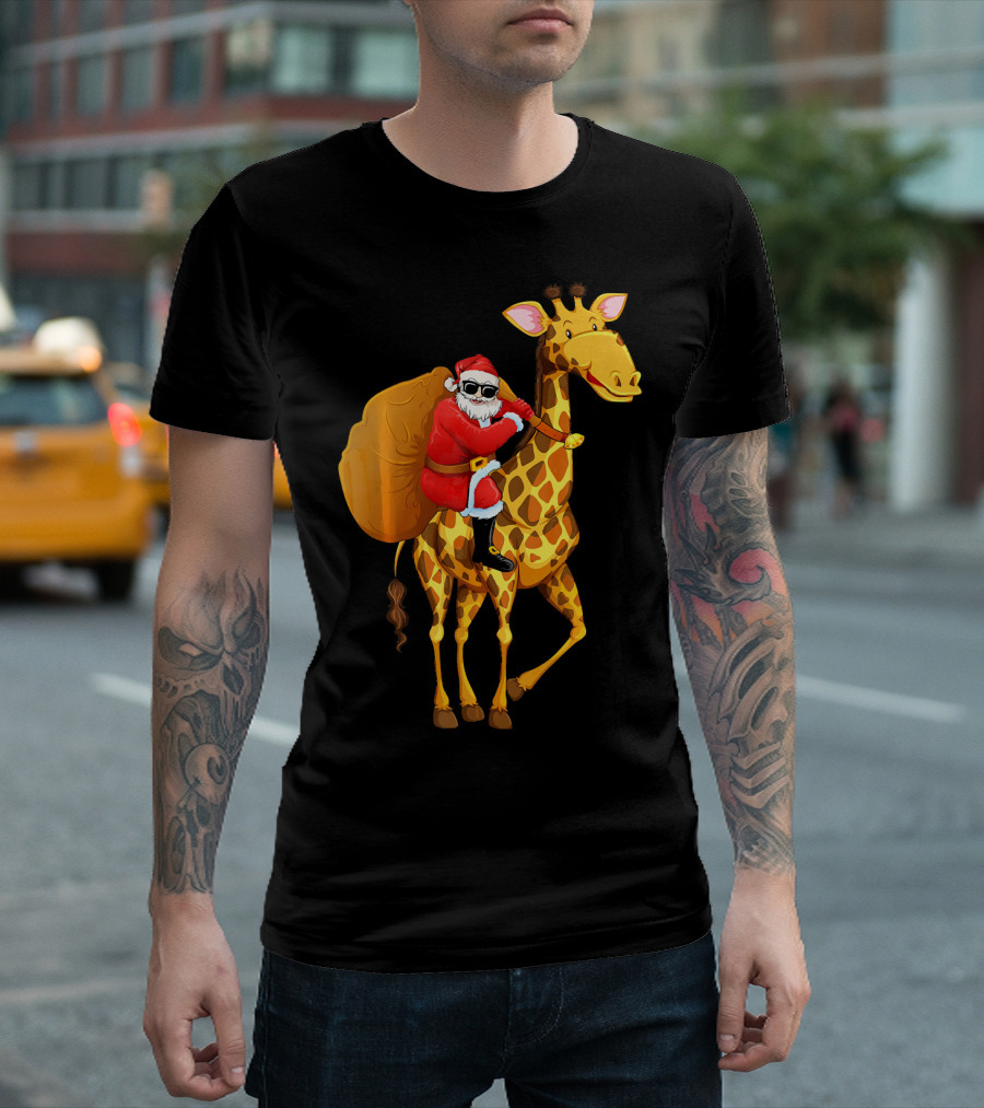 Santa Claus with Sunglasses Riding Giraffe Carrying Gift Sack T-Shirt