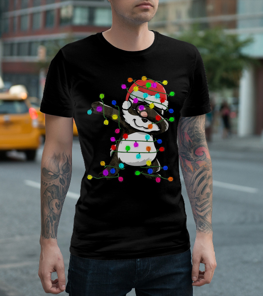 Dabbing Panda Wrapped in Christmas Lights and Santa Hat T-Shirt