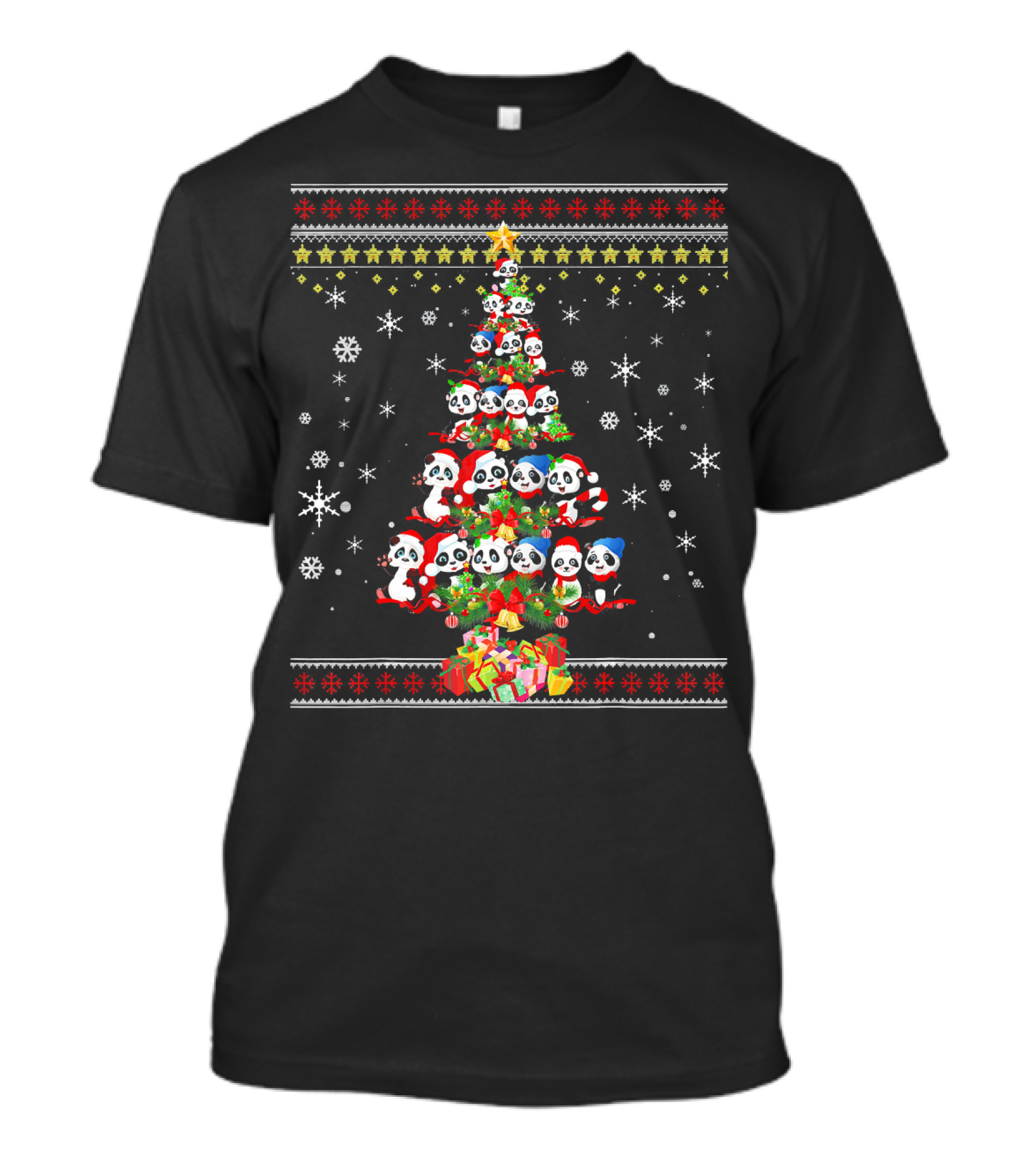 Funny Christmas Tree Pandas With Presents And Snowflakes T-Shirt