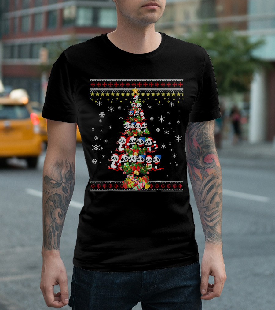 Funny Christmas Tree Pandas With Presents And Snowflakes T-Shirt