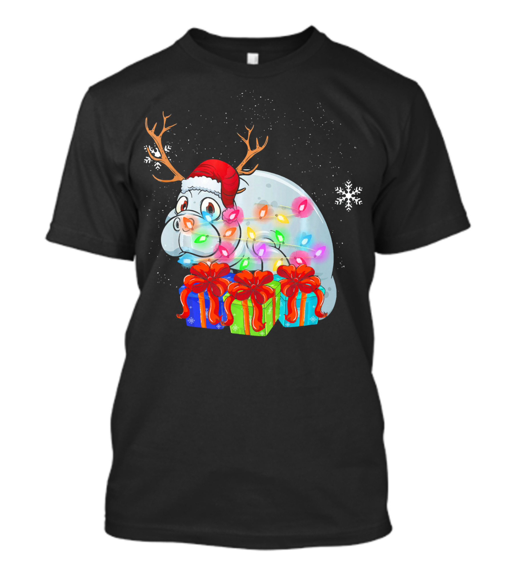 Funny Manatee Xmas Lights Santa Hat Antlers Gifts Snowflake T-Shirt