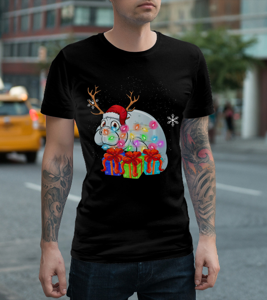 Funny Manatee Xmas Lights Santa Hat Antlers Gifts Snowflake T-Shirt