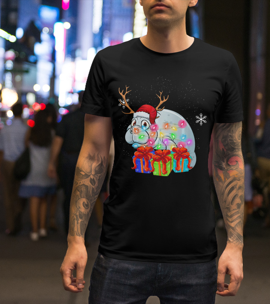Funny Manatee Xmas Lights Santa Hat Antlers Gifts Snowflake T-Shirt