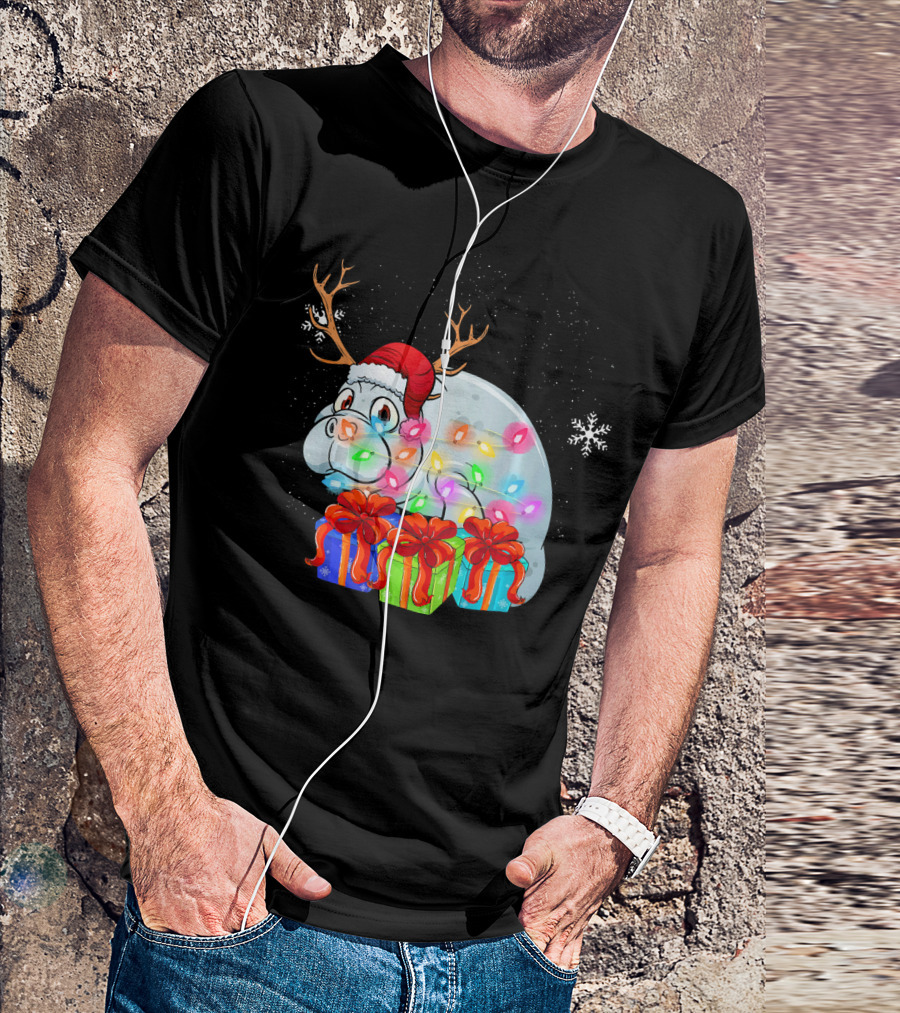 Funny Manatee Xmas Lights Santa Hat Antlers Gifts Snowflake T-Shirt