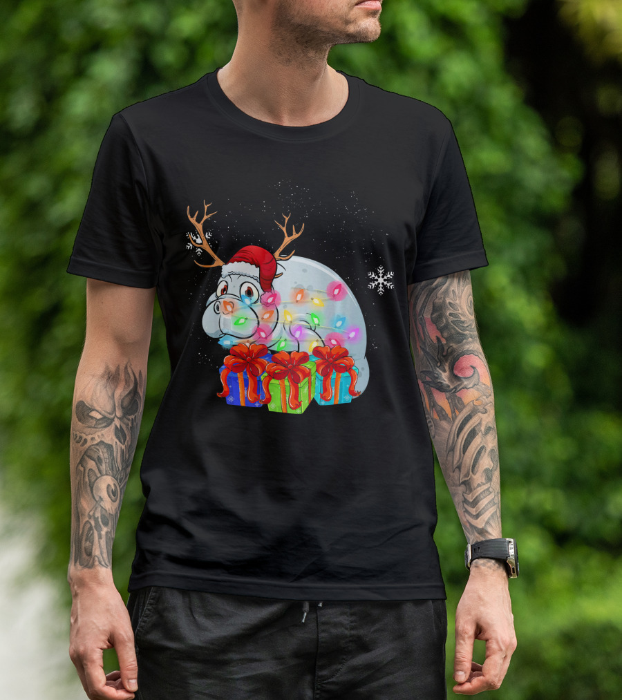 Funny Manatee Xmas Lights Santa Hat Antlers Gifts Snowflake T-Shirt