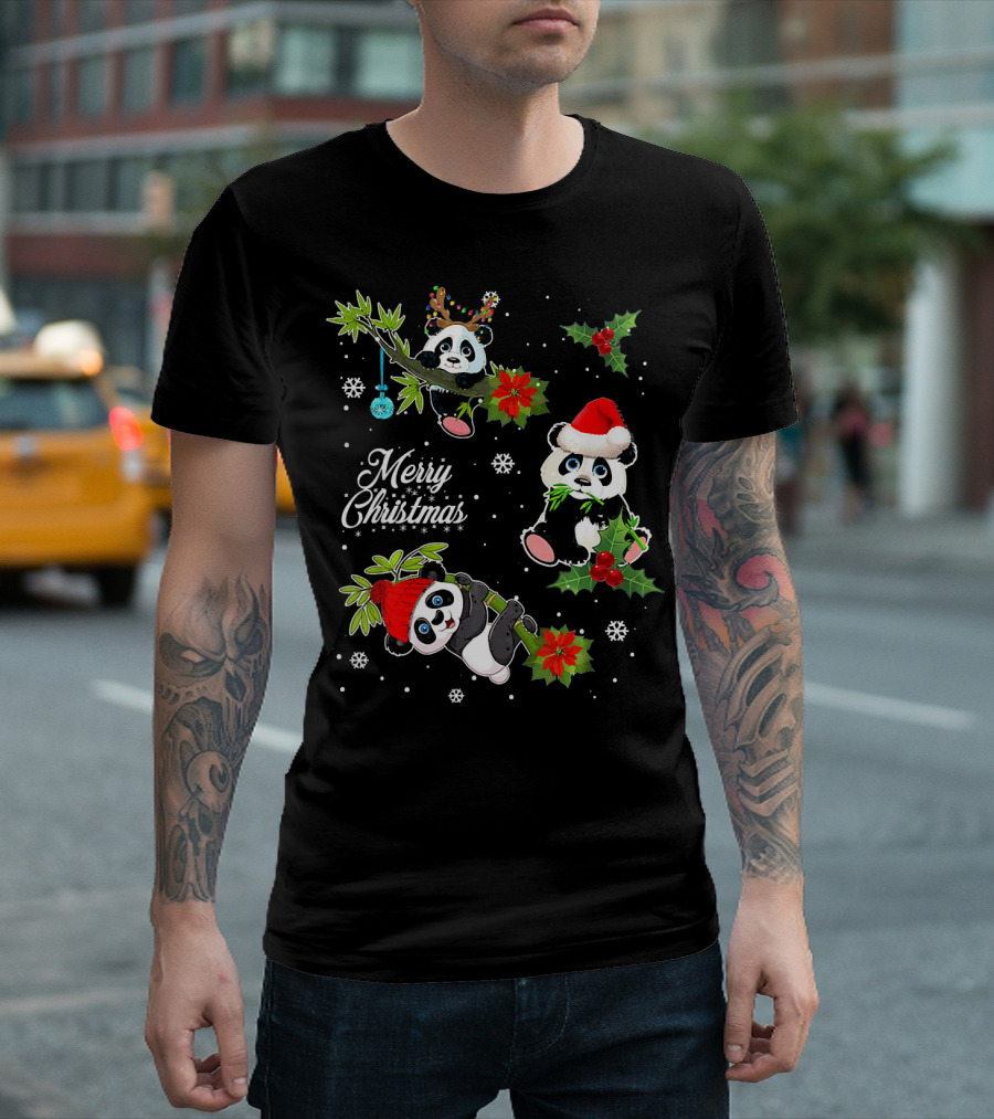 Chibi Panda Merry Christmas Lover with Santa Hats and Holly T-Shirt