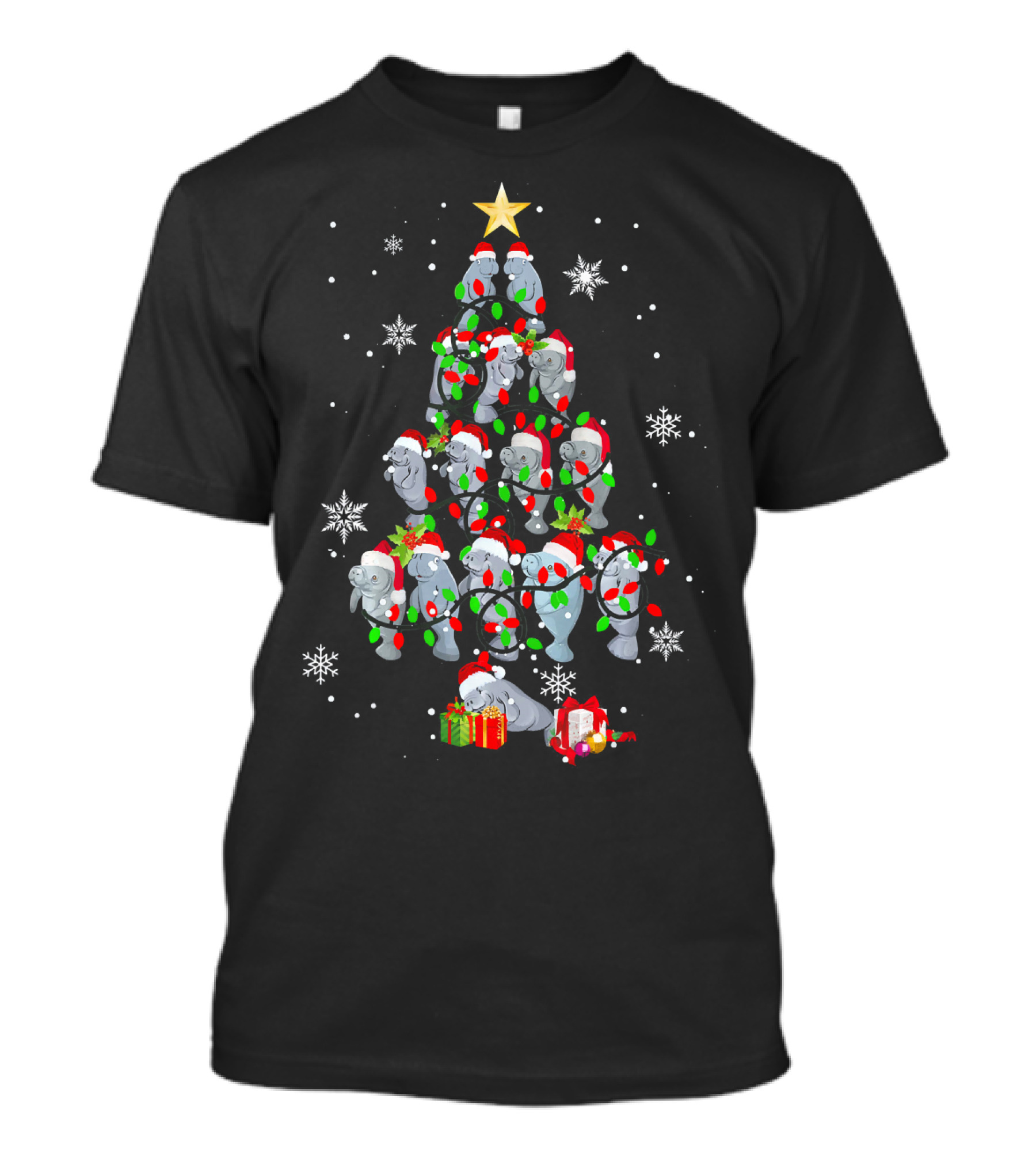 Humorous Manatee Christmas Tree With Santa Hats And Holiday Lights T-Shirt