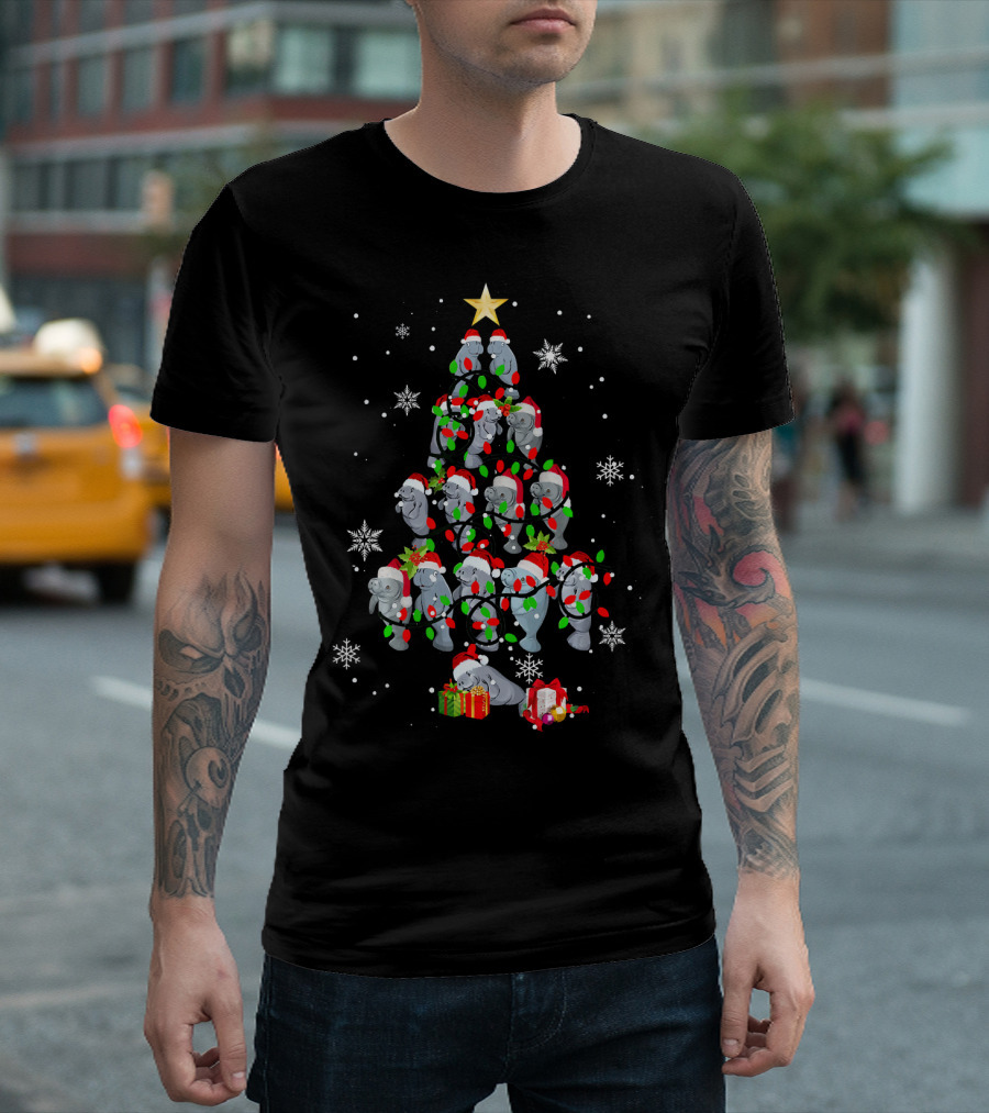 Humorous Manatee Christmas Tree With Santa Hats And Holiday Lights T-Shirt