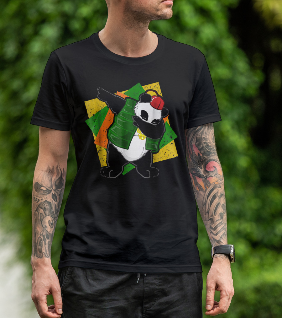 Funky DJ Panda Dab Dabbing Panda With Red Cap And Green Vest T-Shirt