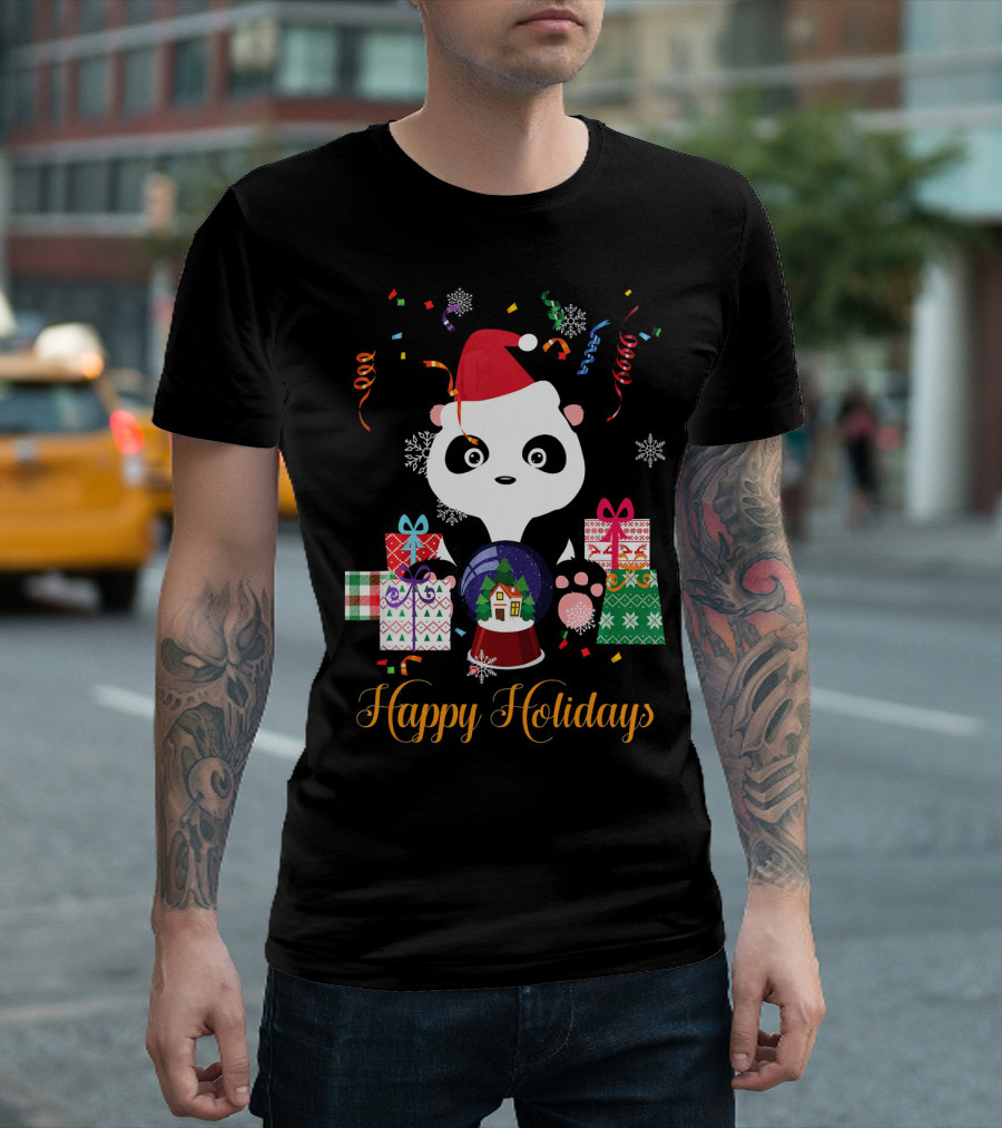 Happy Holidays Cute Animal Panda Santa Snow Globe Gifts T-Shirt
