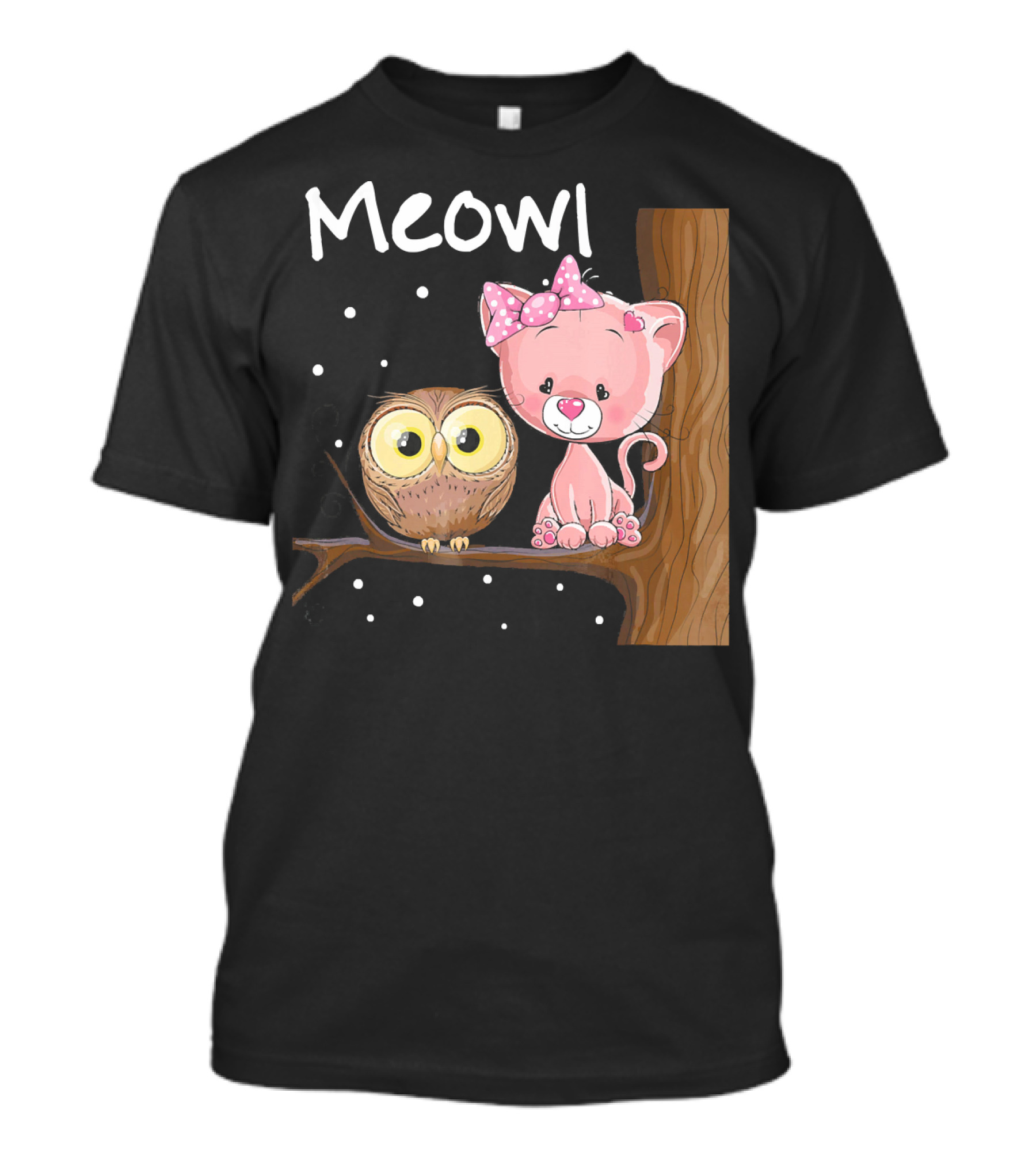 Meowl Funny Cat Humor Owl Novelty Bow Polka Dot Nighttime Tree Branch T-Shirt