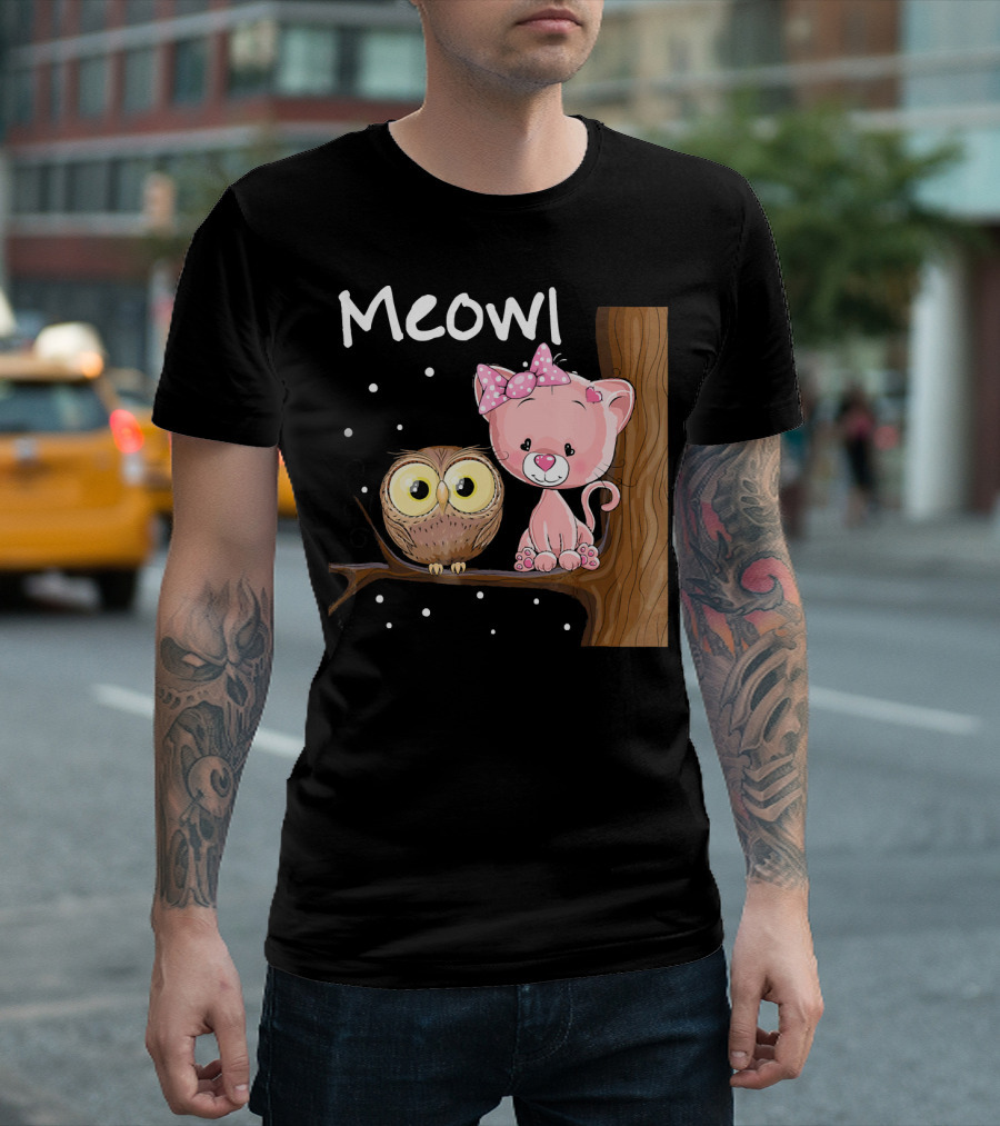 Meowl Funny Cat Humor Owl Novelty Bow Polka Dot Nighttime Tree Branch T-Shirt