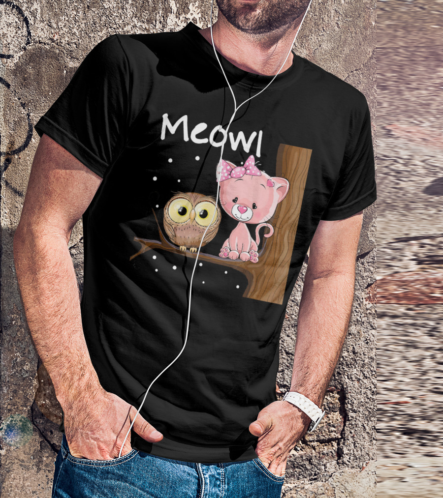 Meowl Funny Cat Humor Owl Novelty Bow Polka Dot Nighttime Tree Branch T-Shirt